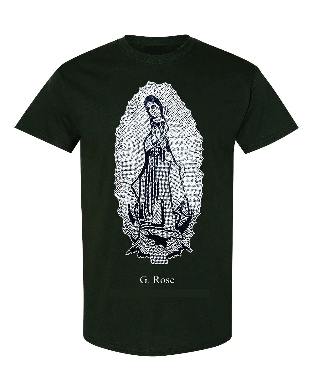 Our Lady of Guadalupe black and white diamond t-shirt front view